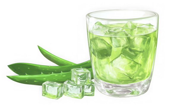 Refreshing green aloe vera drink with ice and leaves isolated on transparent background