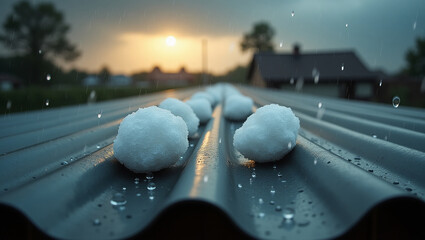 Large hailstones resting on a wet corrugated roof, with the dramatic light of a setting sun after a severe hailstorm.