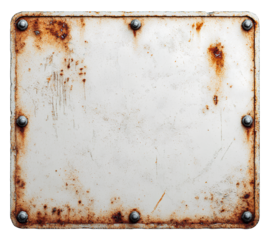 Old white metal sign with rust on transparent background PNG, white board with no text.