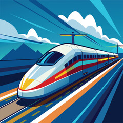 Modern illustration of a high speed train moving across the tracks against the backdrop of the blue sky
