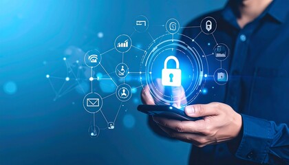 Person holding smartphone with digital security icons overlaid