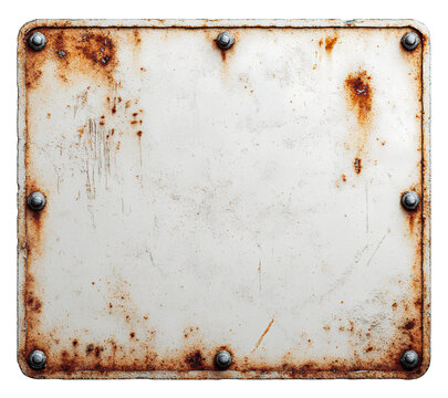 Old white metal sign with rust on transparent background PNG, white board with no text.