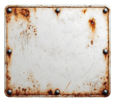 Old white metal sign with rust on transparent background PNG, white board with no text.
