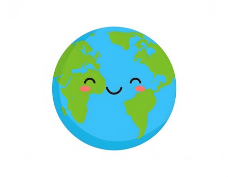 Cartoon illustration of planet Earth with a happy, smiling face, showing green continents and blue oceans.