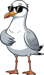 Cool cartoon seagull wearing black sunglasses, funny bird character on white background, summer beach vibe, confident animal style vector illustration