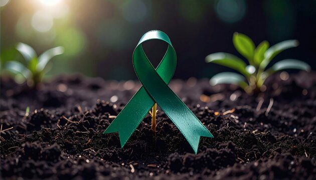 Lush Green Ribbon Plant Symbolizing Hope in Nature's Embrace, Close-Up Shot, Serene Forest Setting , ( one of kind symbol of mental health)