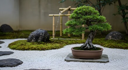 Serene Bonsai Garden: An elegant bonsai tree, meticulously cultivated, takes center stage in a meticulously designed Japanese garden, the epitome of zen tranquility and horticultural artistry.
