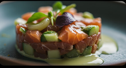 A salmon tartare with cucumber and herbs is plated beautifully