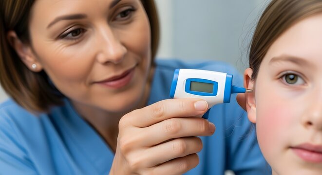 Medical professional examining a child's ear using a digital thermometer in a clinical setting. Focused on health and well-being, showcasing medical care and treatment.