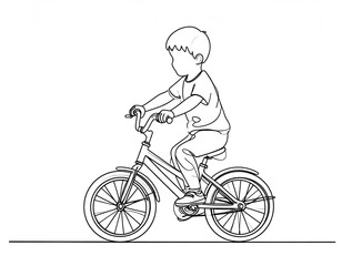 Obraz premium Line art illustration of a young boy riding a bicycle, showcasing the side view of the child and bike.