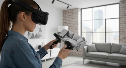 Woman in virtual reality headset holding controllers, designing, placing furniture for interior design project in metaverse.