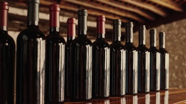 Bottles of red wine without any labels on a wooden surface in the Spanish winery, enology and wine production