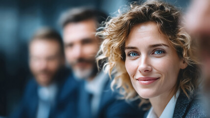 Confident businesswoman smiling in a modern office meeting with colleagues blurred in background