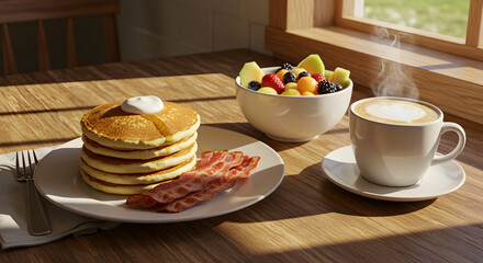 A stack of pancakes with bacon, fruit, and coffee is served