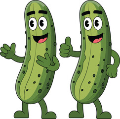 Funny cartoon cucumber characters smiling, giving thumbs up, healthy vegetable mascots illustration, green food icons for kids, isolated on white background