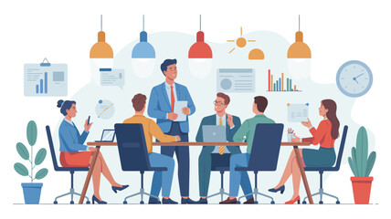 Team meeting scene with five professionals around table, laptops, papers, and charts in a business workspace with collaborative atmosphere