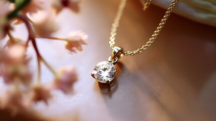 Fototapeta premium A delicate gold necklace with a sparkling diamond pendant, resting on a soft, pink surface with a blurred background of pink flowers.
