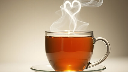 A glass tumbler contains hot black tea, and the heat creates a heart shape in the steam generative AI