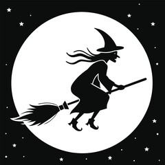 Black silhouette of a witch flying on a broomstick against a full moon