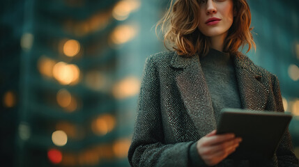 Confident businesswoman using tablet in urban setting with blurred city lights