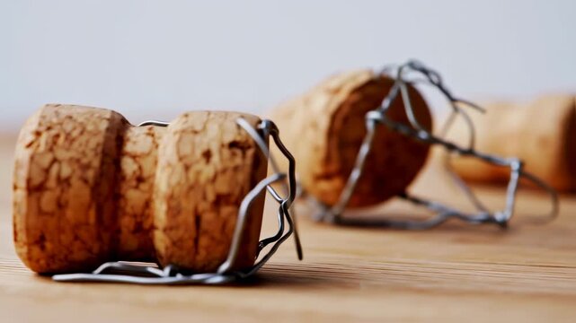 Close-up of champagne corks and wire cages on wooden surface