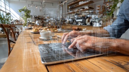 Person working on a tablet in a cafe. Overlayed architectural design