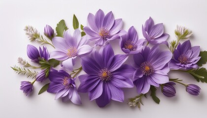 Obraz premium a bunch of purple flowers are arranged in a circle on a white background