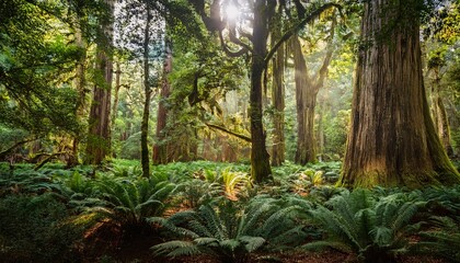 serene prehistoric forest landscape with towering ancient trees and vibrant fern undergrowth showcasing rich biodiversity and lush vegetation of primeval ecosystem era ancient natural ecosystem