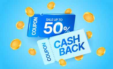 3d elegant blue voucher with golden coins, coupon code, percent off, isolated on background. 3d gift voucher for cash back event vector illustration. Vector illustration