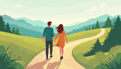 Obraz premium Couple walking on a trail in nature holding hands with a sunny sky 