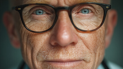 Intense blue eyes behind glasses close-up portrait of experienced professional wisdom and focus