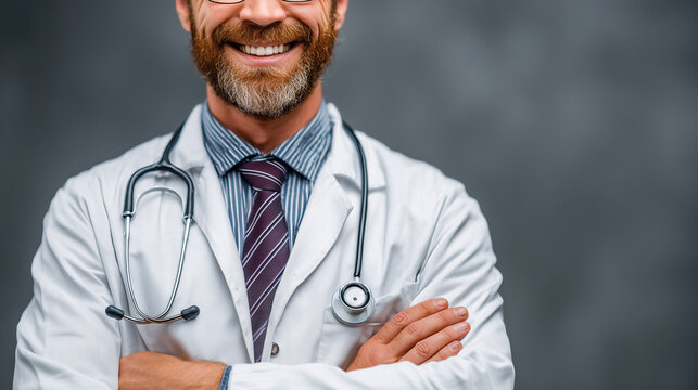 Confident doctor with beard and glasses smiling warmly wearing lab coat and stethoscope arms crossed