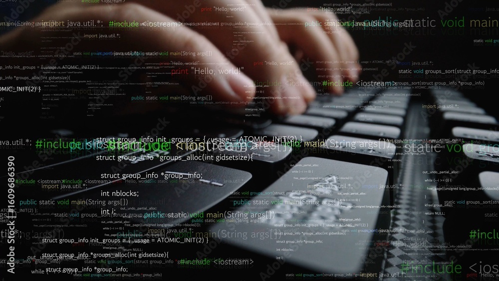 Poster focused shot of hands swiftly typing on a keyboard, immersed in a sea of code, symbolizing modern te