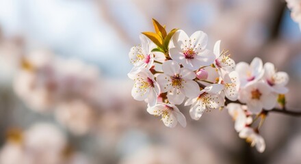 Obraz premium Delicate White Spring Blossoms on a Branch with Soft Bokeh Background