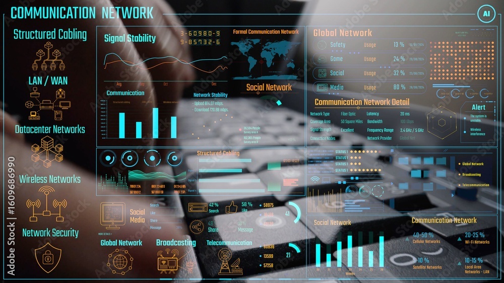 Poster data center monitoring dashboard visualize network performance, connection status, usage rate, and t