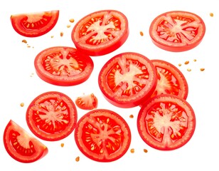 Sliced tomatoes in mid-air