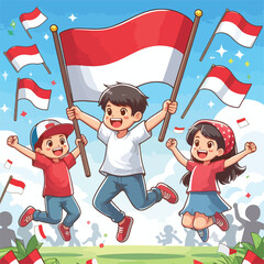Cartoon vector of children jumping happily celebrating Indonesian independence