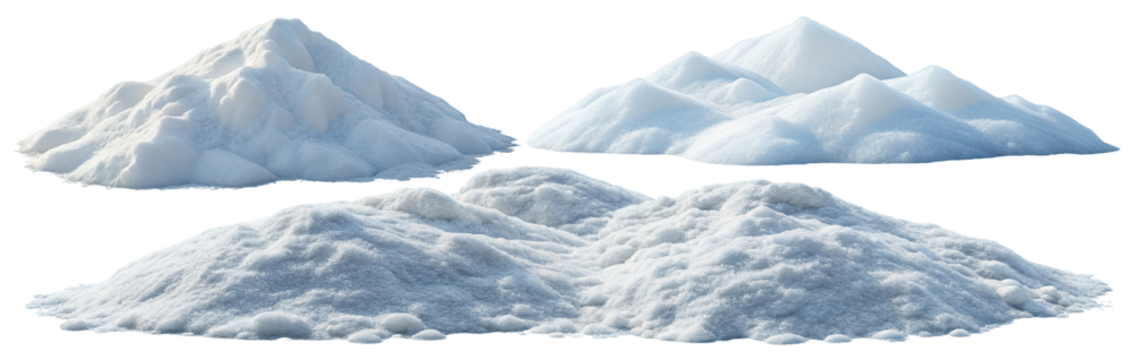 White snow heaps forming piles, winter landscape, isolated on transparent background, frosty scene