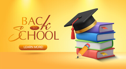 3d stack of books with graduation cap on top and pencil, isolated on white background. Back to school banner template in 3d vector illustration. Vector illustration