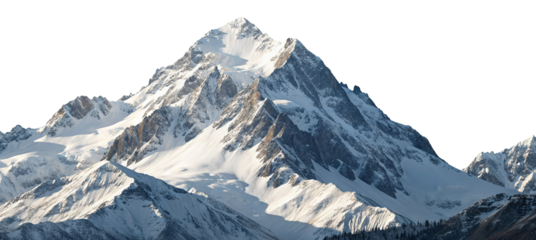 Majestic snow-covered mountain peak soaring high against clear blue sky in winter wonderland scenery