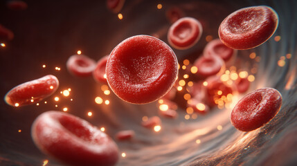 Red blood cells flowing through a blood vessel. The scene illustrates the movement and structure of blood cells in the human circulatory system.