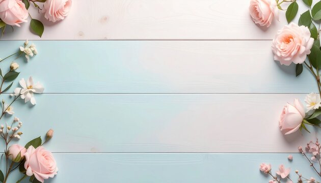 Elegant pale pink roses and white blossoms frame a soft pastel wooden background beautifully