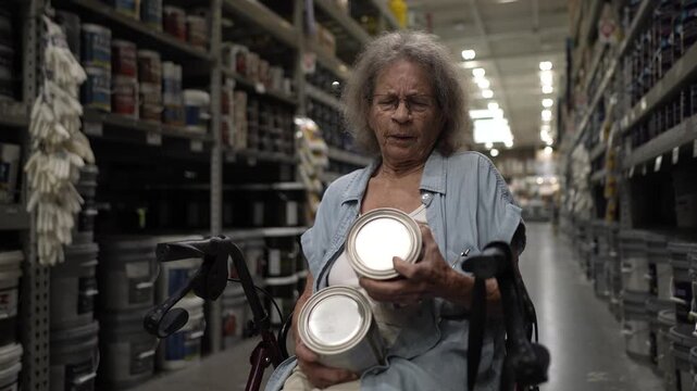 Elderly woman in a walker wheelchair carefully examines two paint cans while shopping in a hardware store, considering color options for her home decoration project.