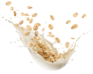Oat flakes splashing into fresh milk creating a healthy breakfast concept with flying cereal grains