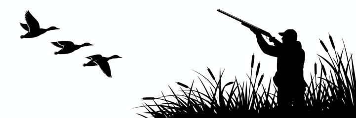 Hunter Silhouette with Flying Ducks in Marshland