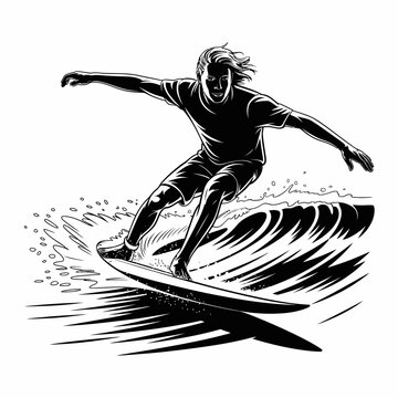 Dynamic Surfer Riding a Wave in Black and White