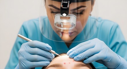Medical professional wearing protective gear performing skin examination using a magnifying visor and specialized tools focus on facial treatment.