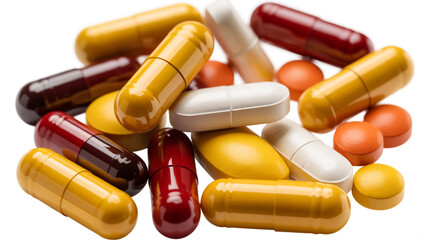 A close-up photograph of various supplement capsules and pills scattered on a white background.