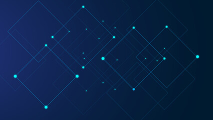 The pattern consists of thin lines forming overlapping transparent squares with glowing blue dots at their intersections, modern technology on a futuristic dark blue background.