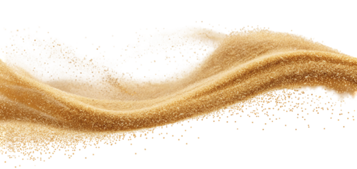 Golden sand scattering in artistic wave motion on black background for abstract design effects
